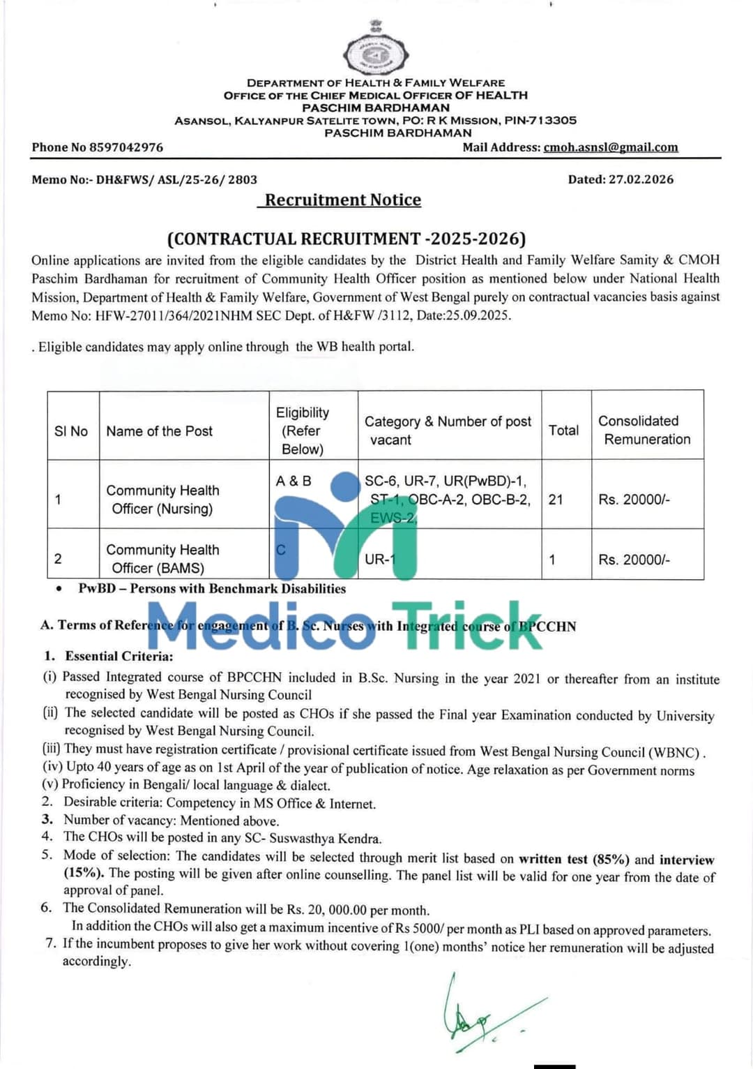 Medical Vacancy Notification