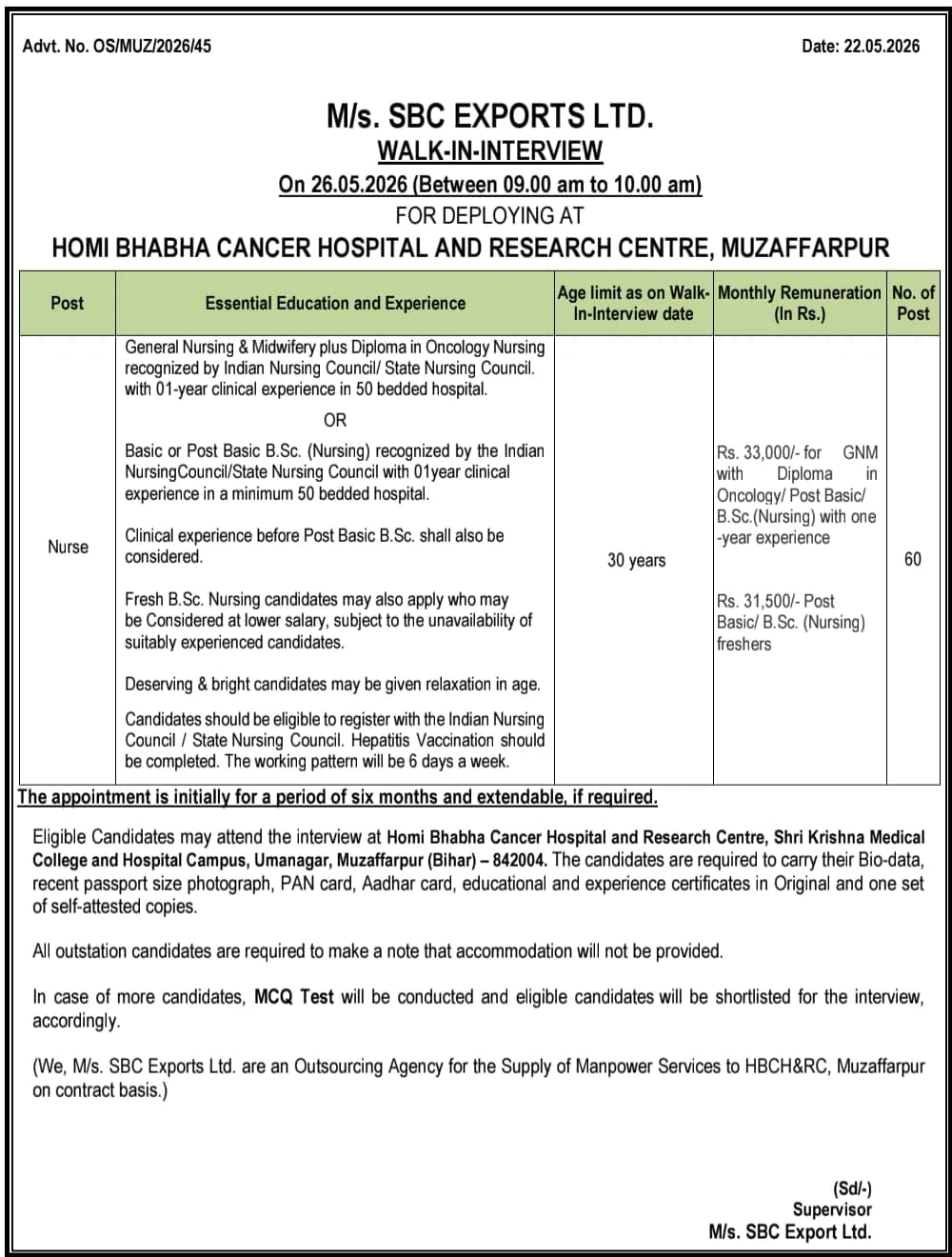 Medical Vacancy Notification